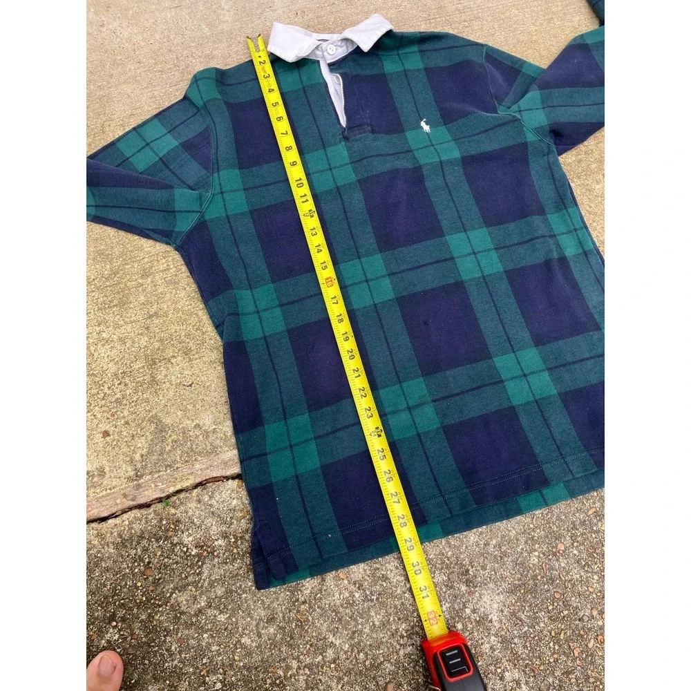 RARE Polo Ralph Lauren Black watch Plaid Rugby Shirt Soft Med Vtg Made In USA